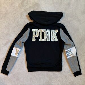 Victorias Secret Pink Black Bling Sequin Dog Full Zip Campus Hoodie Y2K Small